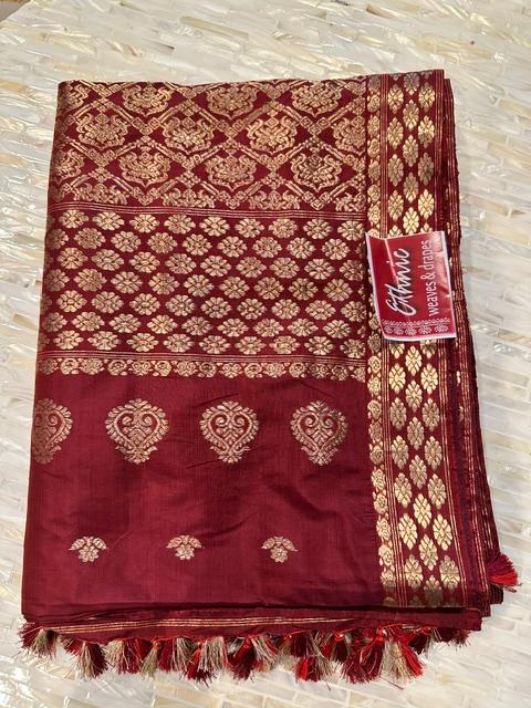 Maroon Pat Guna Silk Saree with Gold Floral and Heart Motifs