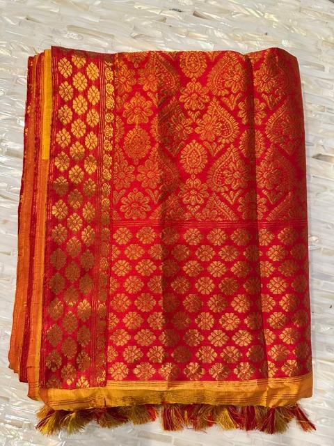 Red Pat Guna Silk Saree with Gold Floral Weave and Mustard Pallu