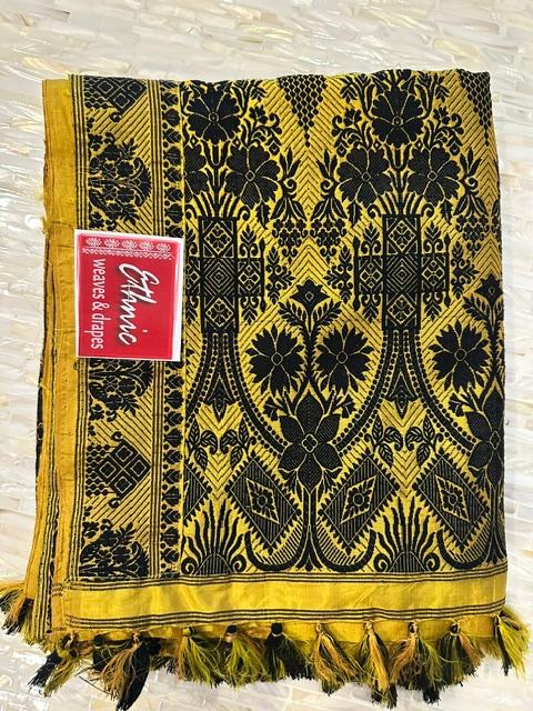 Mustard Yellow Assam Silk Saree with Black Floral Pallu