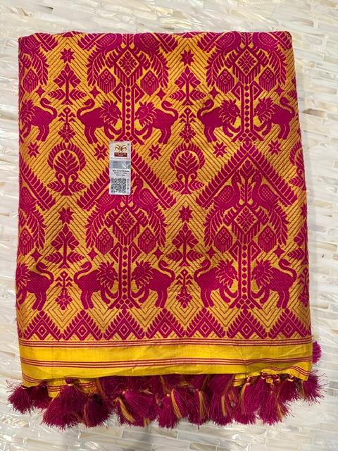 Yellow Pat Silk Saree with Magenta Threadwork Elephant and Lion Motifs